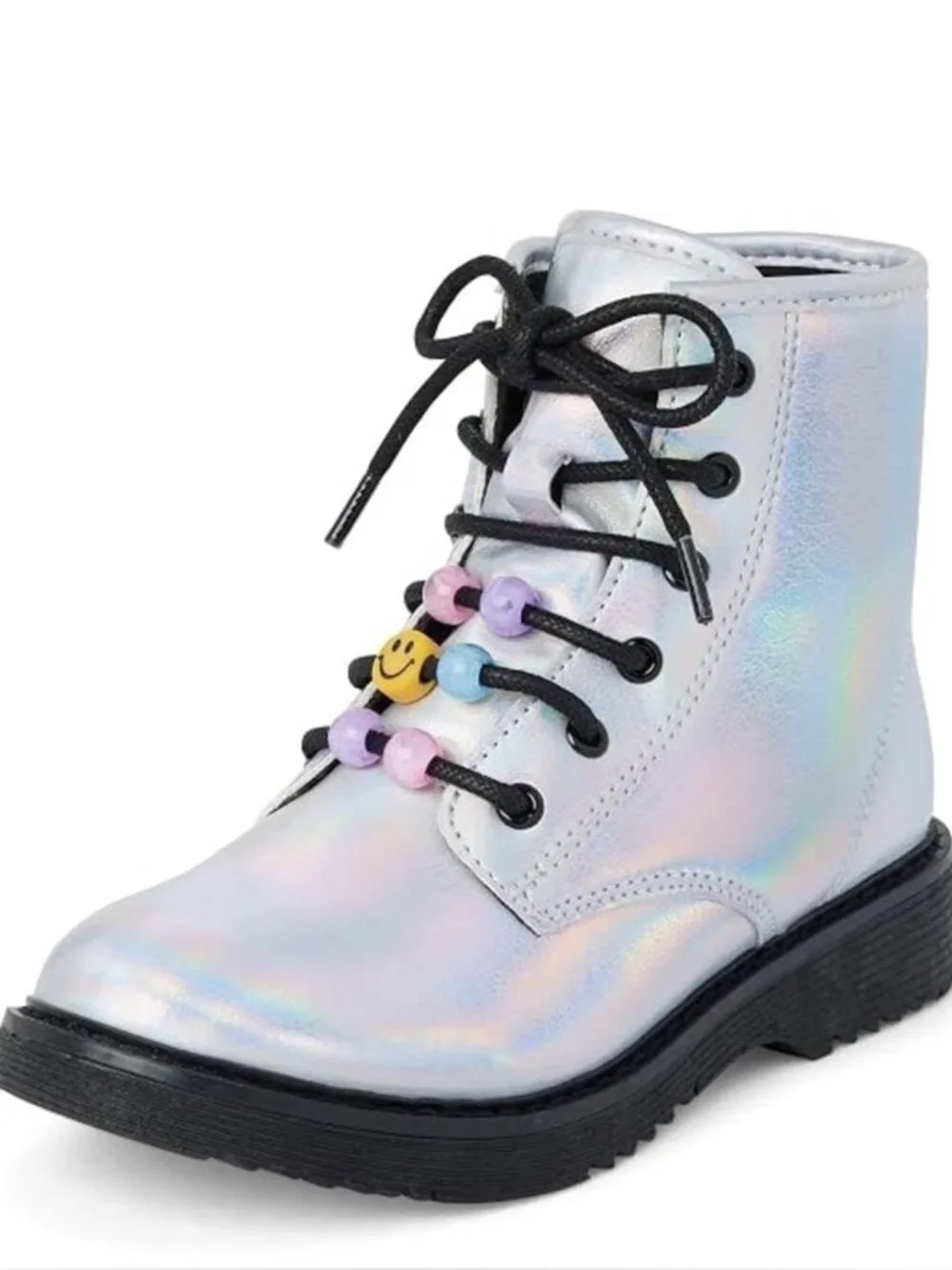 The Children's Place Girls Metallic Silver Combat Boots Lace Up Big Kid Size 6